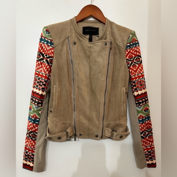 BCBGMAXAZRIA Women Tan Aztec/Tribal Print Faux Suede Peter Moto Jacket Small - Picture 3 of 15